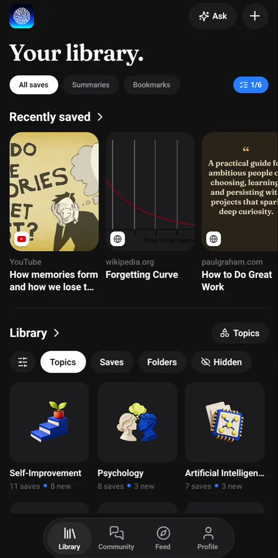 The Recl library on Android: recently saved items and topics sorted automatically