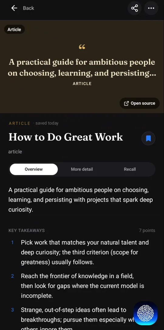 A Recl summary of Paul Graham's essay How to Do Great Work, with the overview and key takeaways