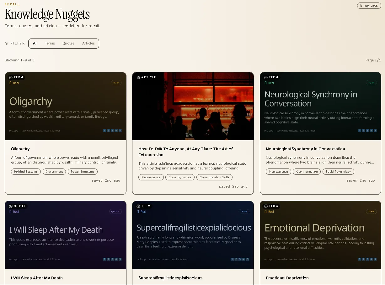 Recl Knowledge Nuggets: a grid of saved terms, quotes and articles, each with a definition and topic tags, enriched for recall.
