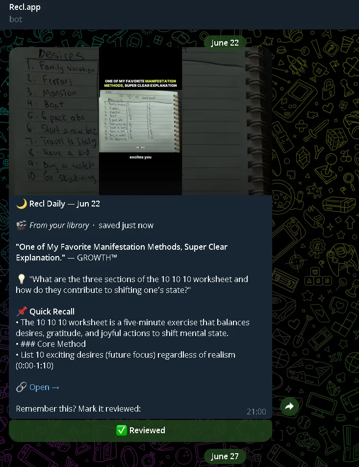 A Recl recall nudge in Telegram: the saved video's thumbnail, a quiz question about the 10-10-10 worksheet, three Quick Recall bullet points, and a Reviewed button.